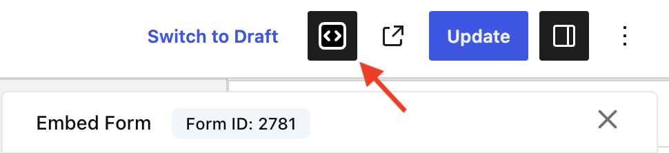 Controls available in the visual form builder, top-right section which includes the new Embed Form panel