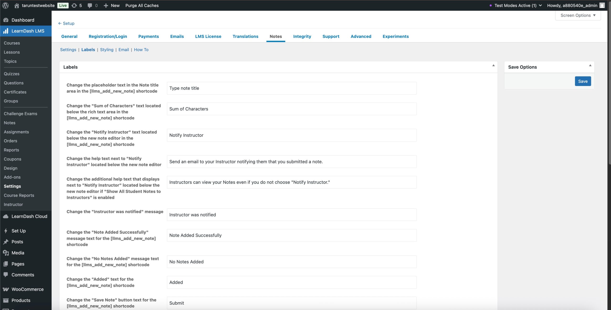 Notes Add-On Labels menu