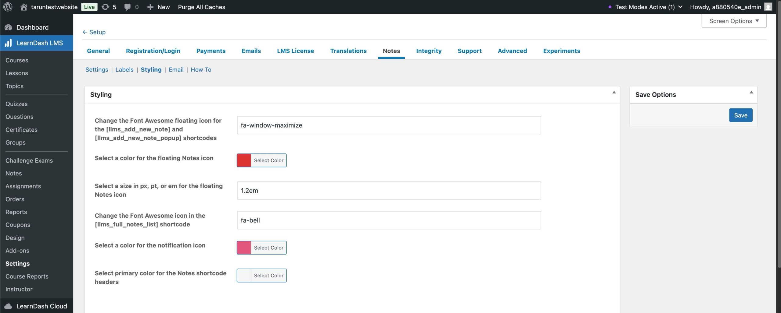 Notes Add-On Styling Menu