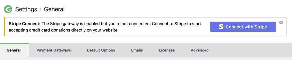The banner shown at the top of all admin pages to connect to Stripe