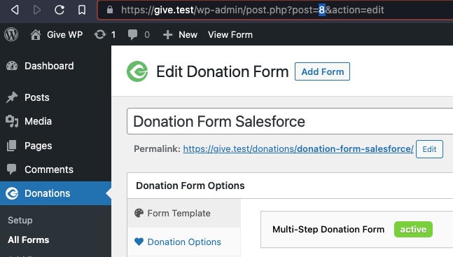 The Donation Form edit screen with the URL showing, and the post id highlighted.