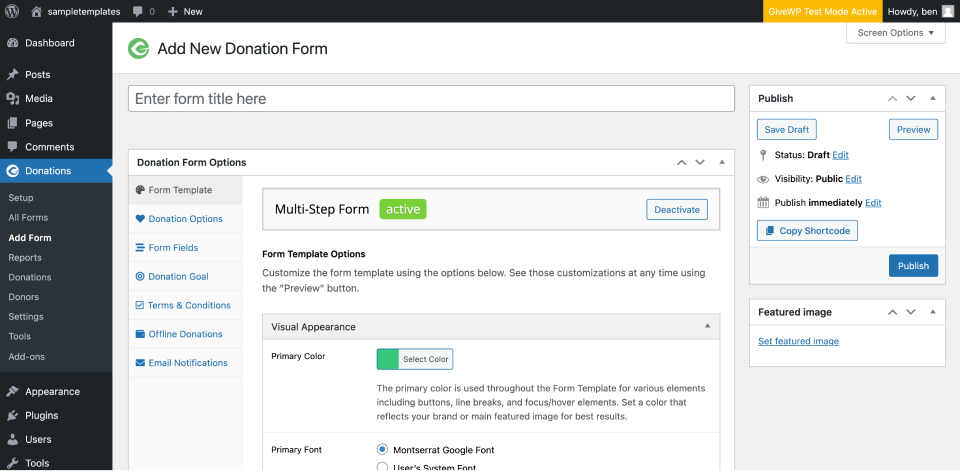 selecting an Option-Based form's  Multi-Step form template 
