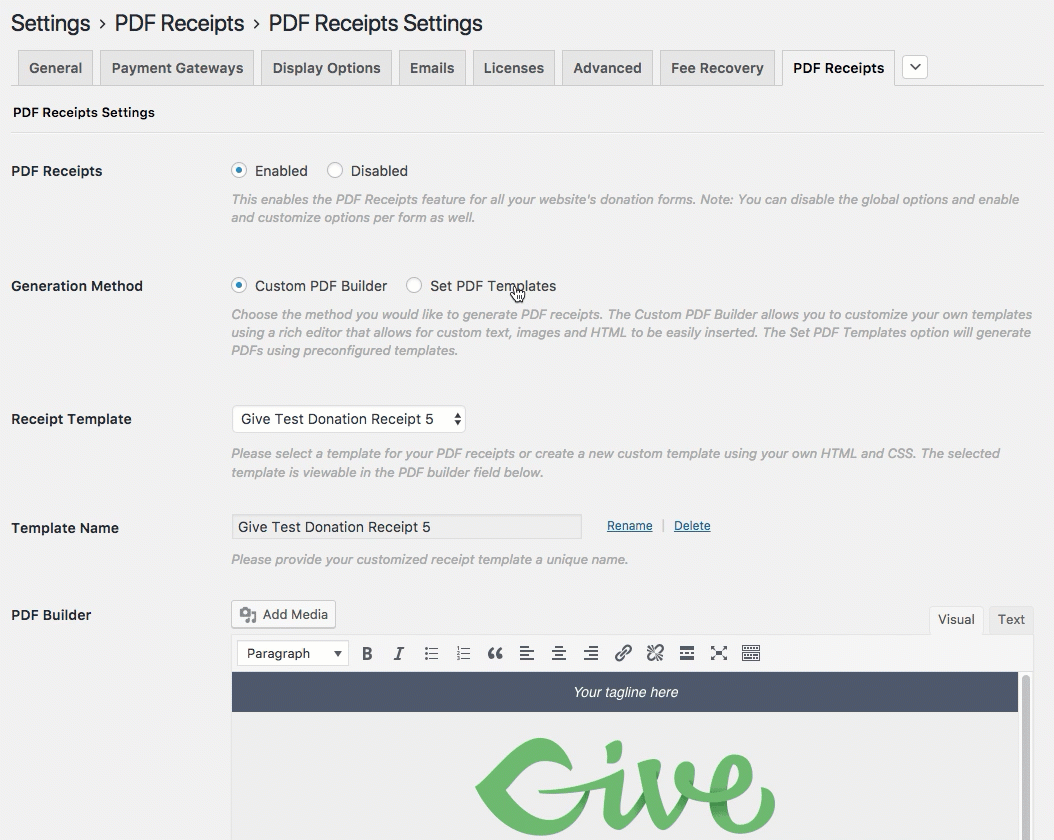 Switching between the PDF Generation Method option.