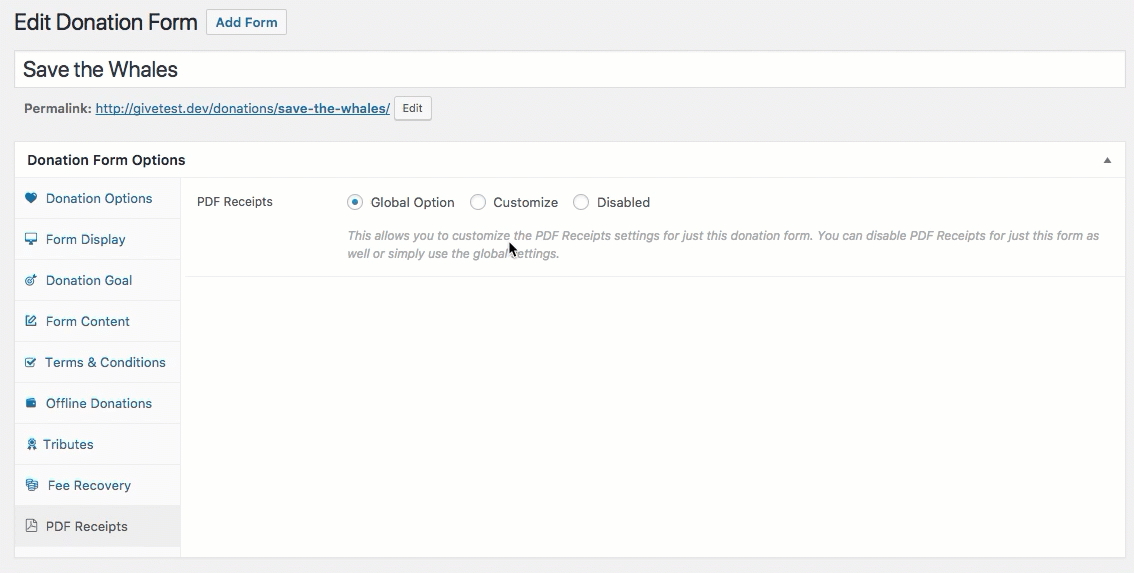 You can customize PDF receipts for specific donation forms.
