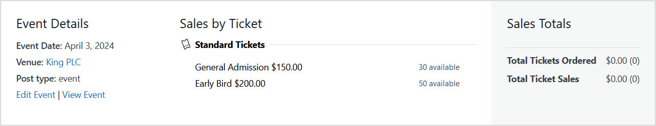 Ticket orders screen that shows how many tickets have been sold and are available for the event