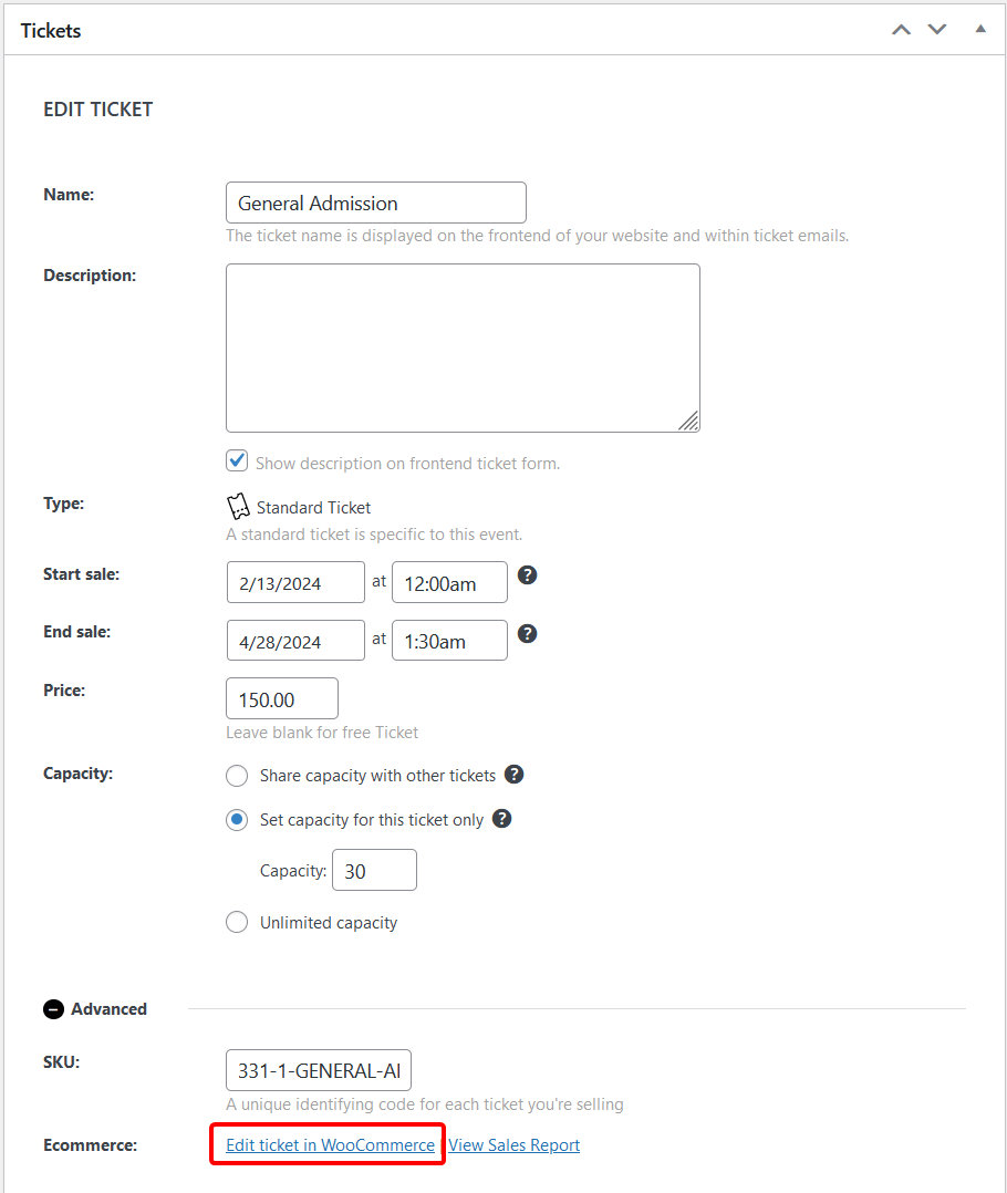 Edit ticket in WooCommerce when using the Classic Editor