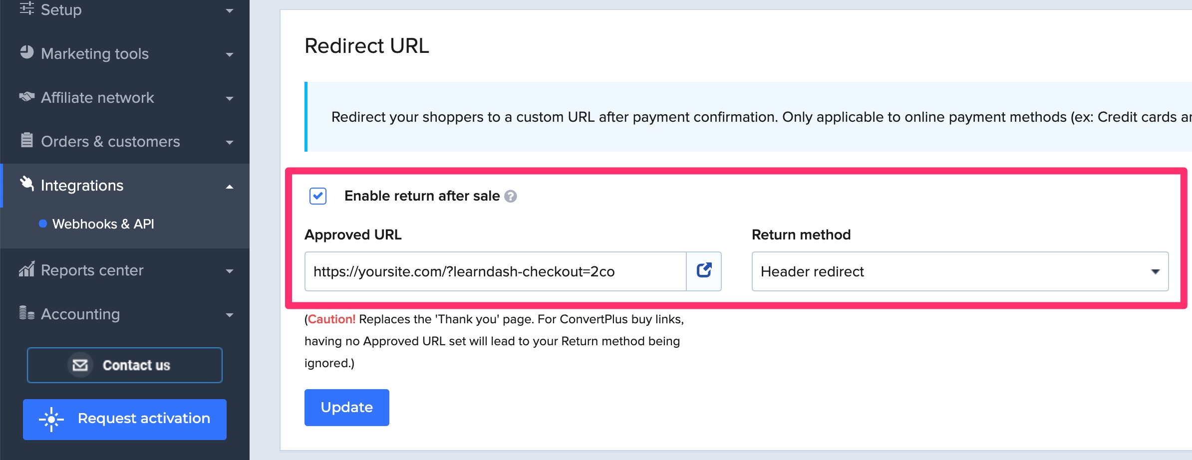 2Checkout URL redirect