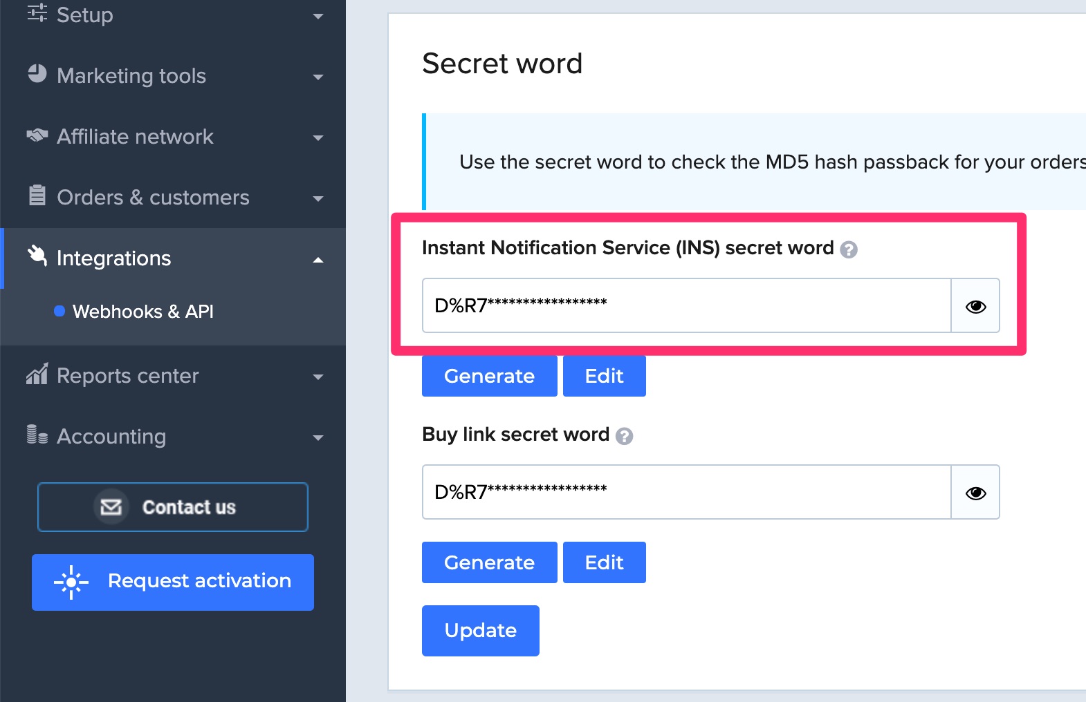 2Checkout INS secret word