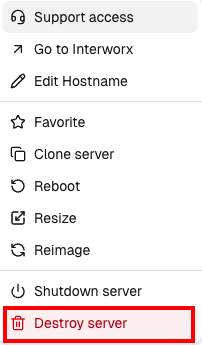 destroy server option highlighted in three dot menu