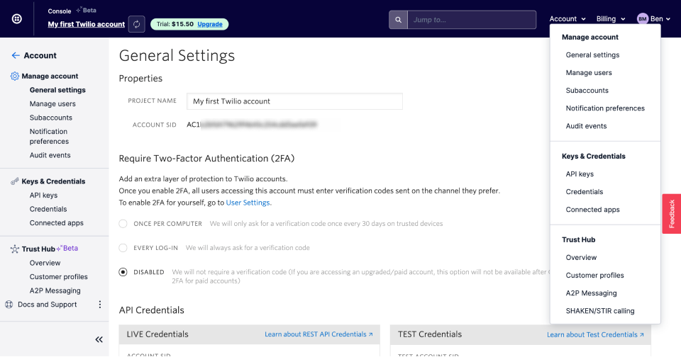 screenshot of the console on twilio with the account SID displayed but greyed out.