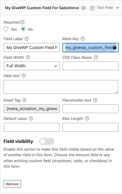 The Form Field Manager edit screen showing the meta key highlighted