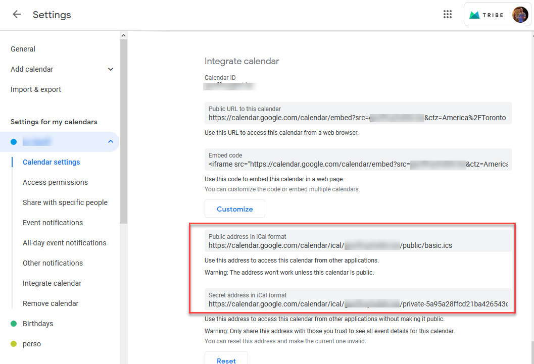 Find the Public Address in iCal format in Google Calendar settings