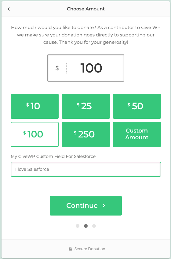 The front end of the same form showing the field with "I love Salesforce" as the data entered.