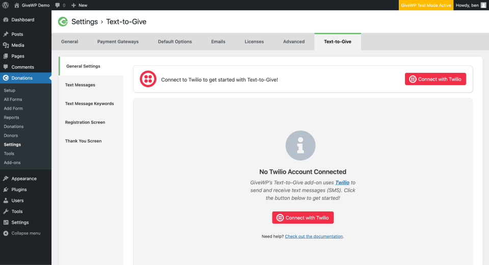 settings screen at Donations > Settings > Text-To-Give not connected to Twilio