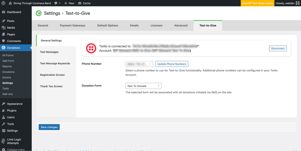 the same settings screen from above, only showing it connected to a Twilio account. Additional options to configure phone number and Donation Form are shown