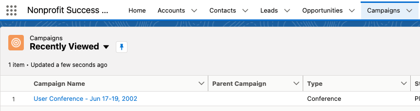 The Campaigns tab of the NPSP interface on Salesforce's admin