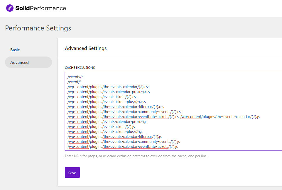 Solid Performance advanced settings - Cache Exclusions