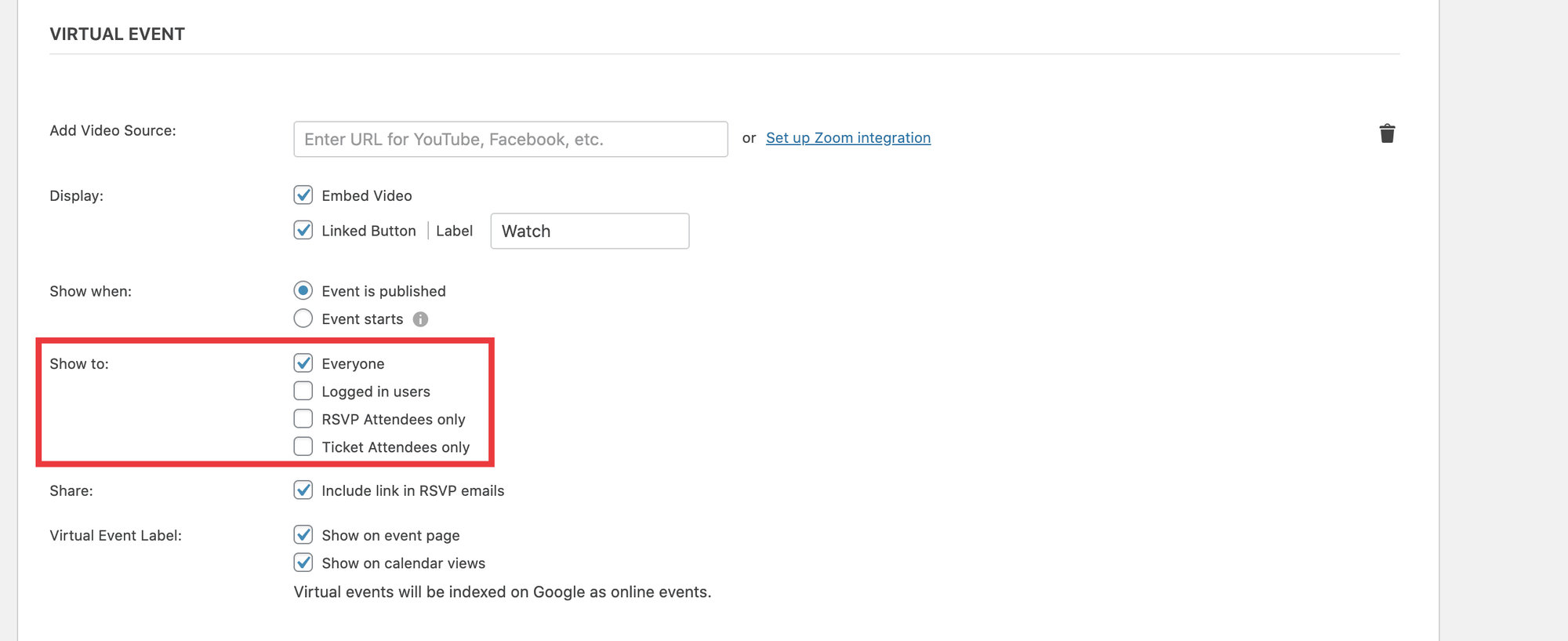 Virtual Event Settings