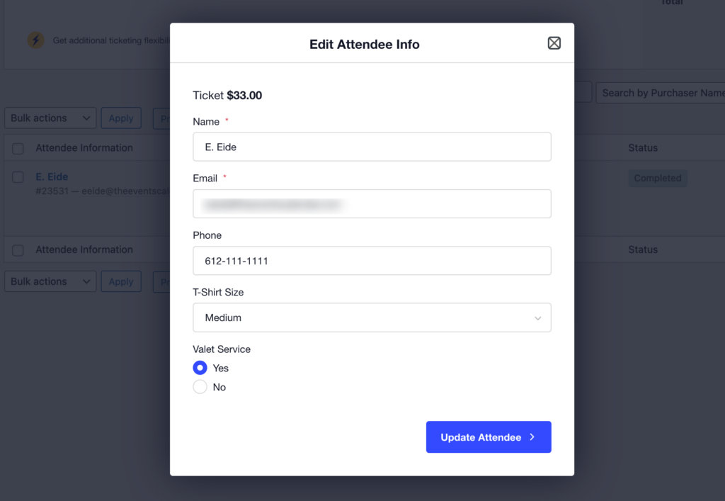 The Edit Attendee Info modal