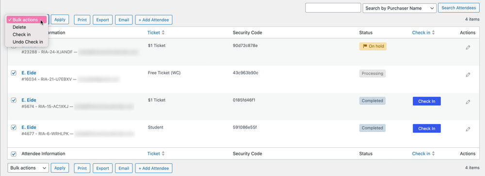 The Bulk Actions menu on the attendee list