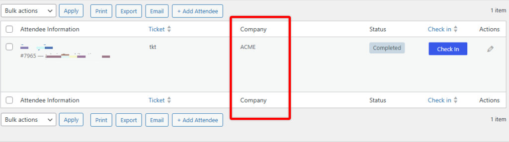Attendees List showing custom Company column
