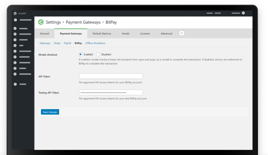 The GiveWP BitPay settings panel. The only settings are to use the checkout modal, live API credentials, and Test API credentials.