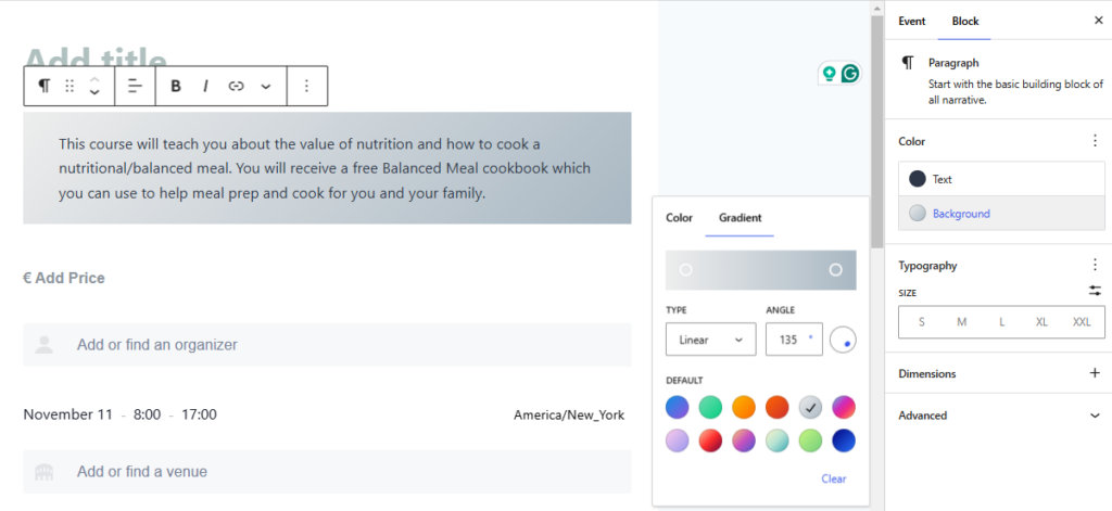 The block editor showing color options on the event description block