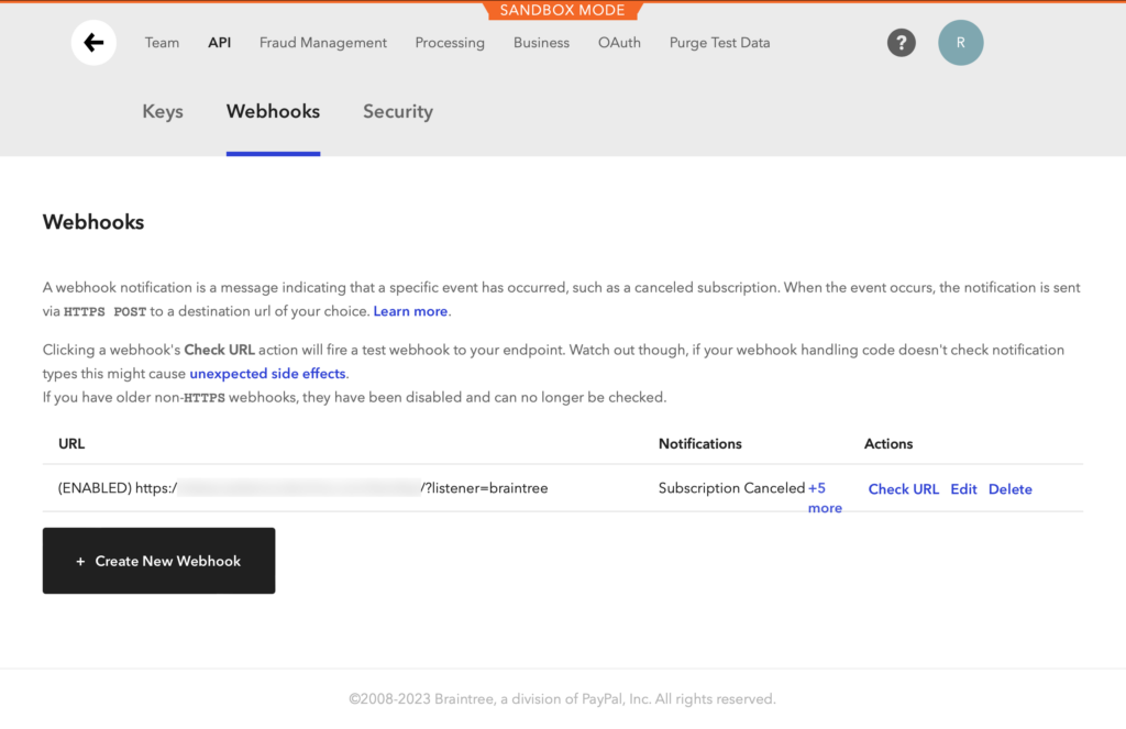 Screenshot illustrating Braintree Webhooks page