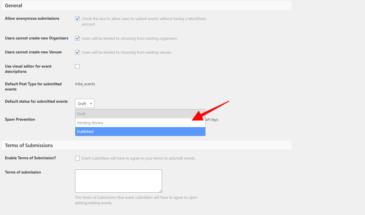 The Default Submission Status setting