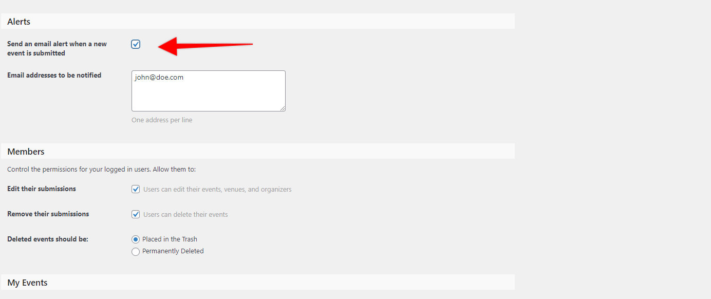 The Alert Settings with notification email addresses