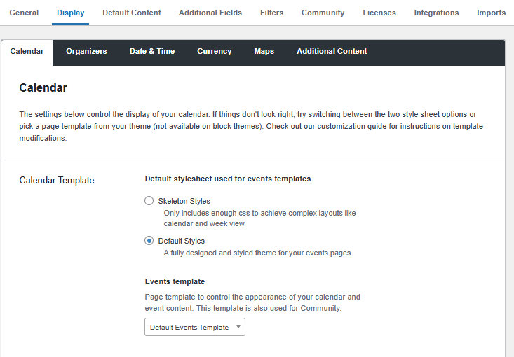 Side-by-side comparison showing how the calendar appears differently depending on whether Default Page Template or Default Events Template is selected. Blue regions represent areas controlled by the theme.