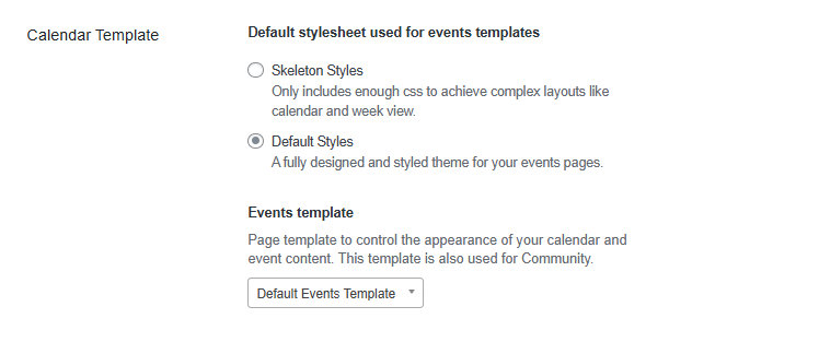The Default Stylesheet setting in The Events Calendar Display settings, showing Skeleton Styles and Default Styles options