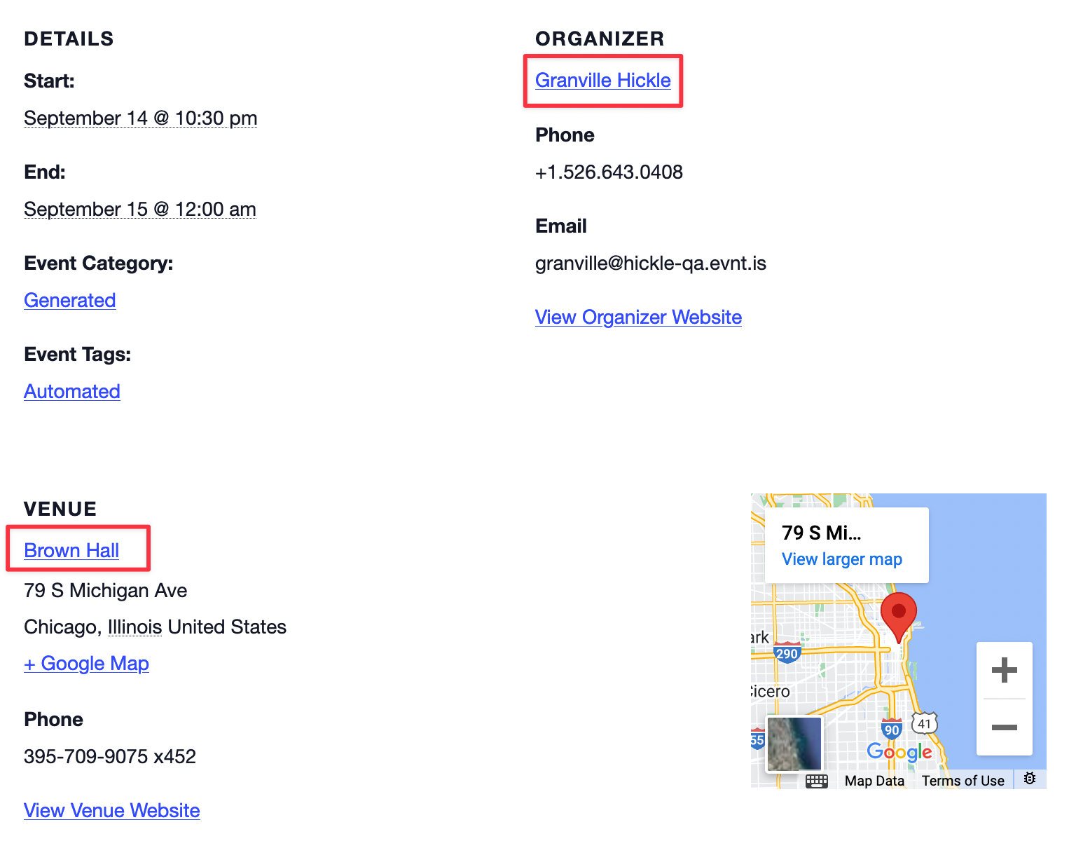 This image shows additional details about an event in the WordPress block editor. Details such as the venue, phone number, map, email, and organizer are displayed.