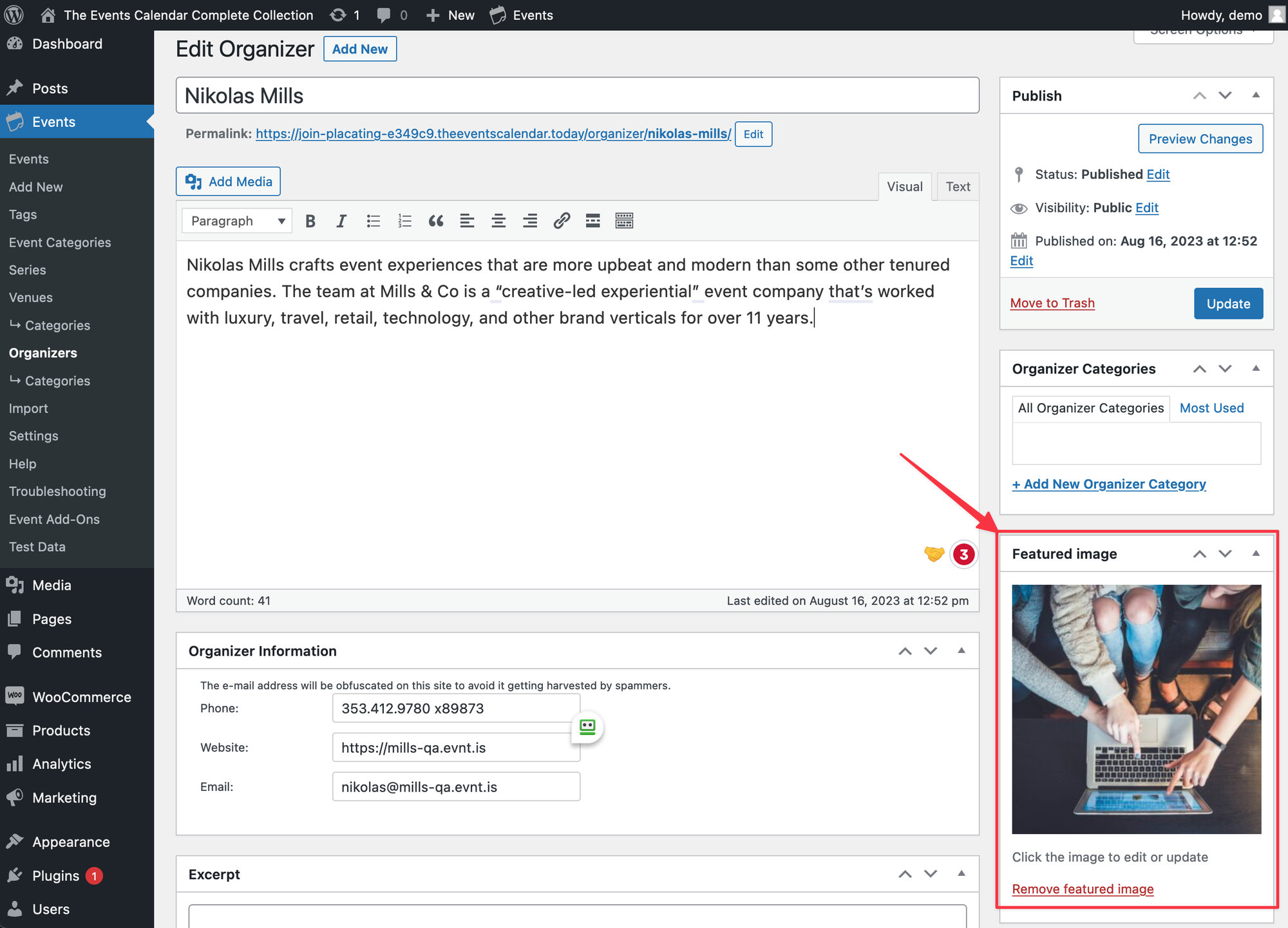 This page shows options for adding detailed information for an organizer. Including an area to add a featured image.