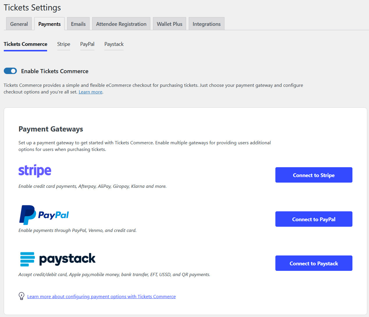 the ticket commerce screen showing the available payment gateways