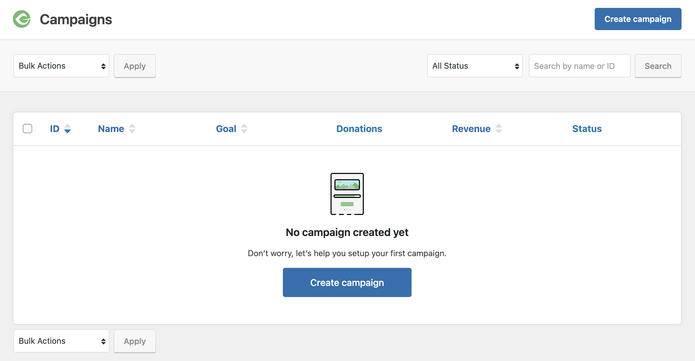 Create Campaign button on the Campaigns admin page
