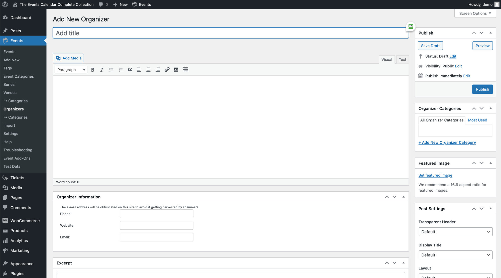 This page is where users create organizers and add information about them