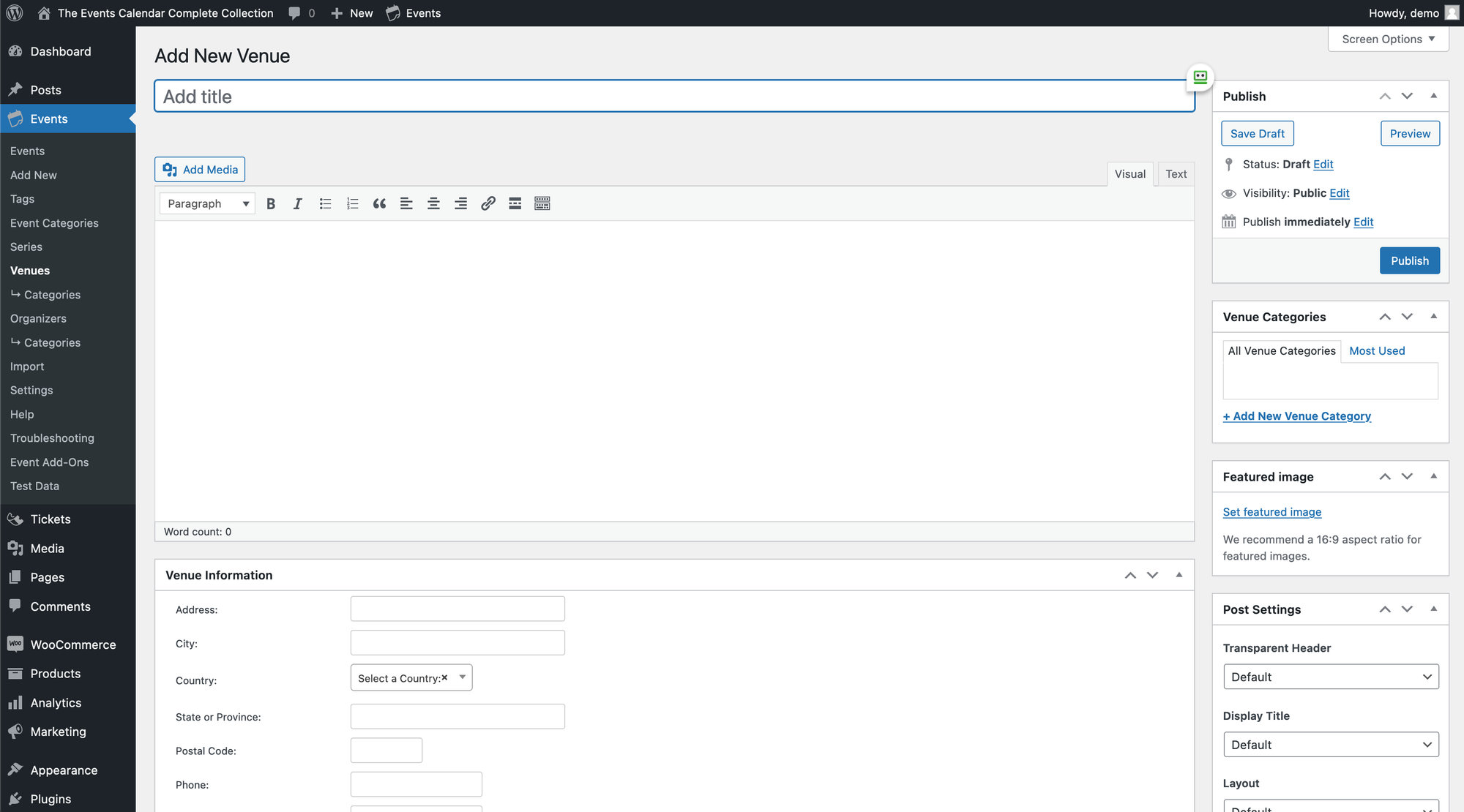 This screen allows users to create a venue and provide information for it