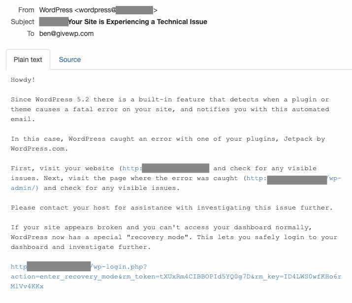 Screenshot of the email received by the admin sent to a wordpress support team, outlining which plugin is causing the issue and a link to the site in recovery mode.