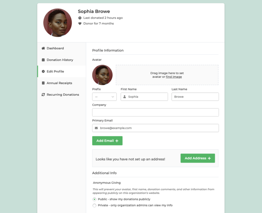 The Edit Profile tab of the donor dashboard, with a spot to change the avatar, a spot to edit addresses and email addresses, and a spot to opt to remain anonymous.