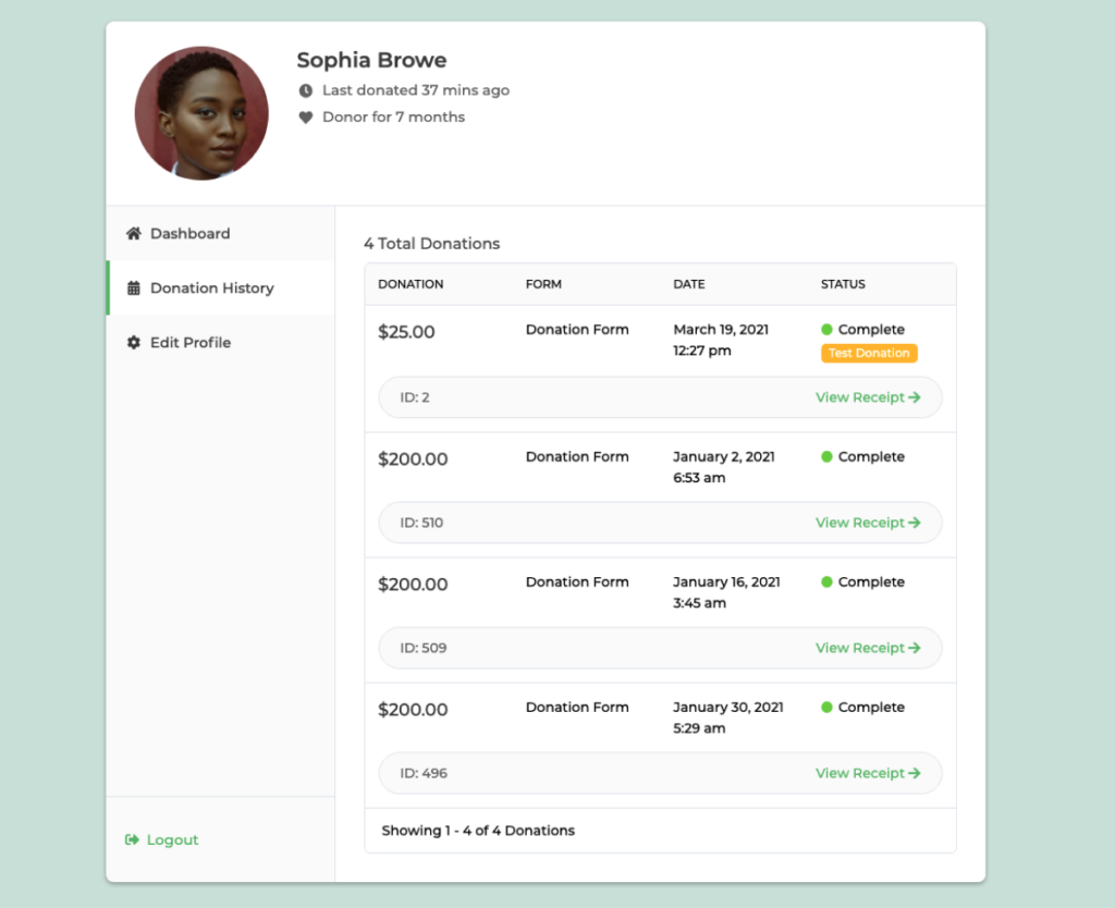 The same dashboard from the previous image, but this one has the Donation History Tab highlighted.