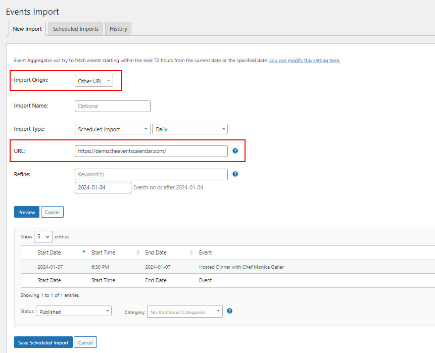 The Event Aggregator import screen with Other URL selected as the import source