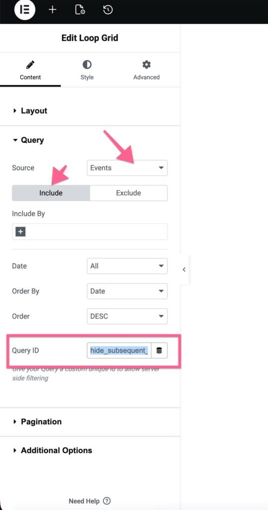 Elementor Query ID field set to hide_subsequent_recurrences
