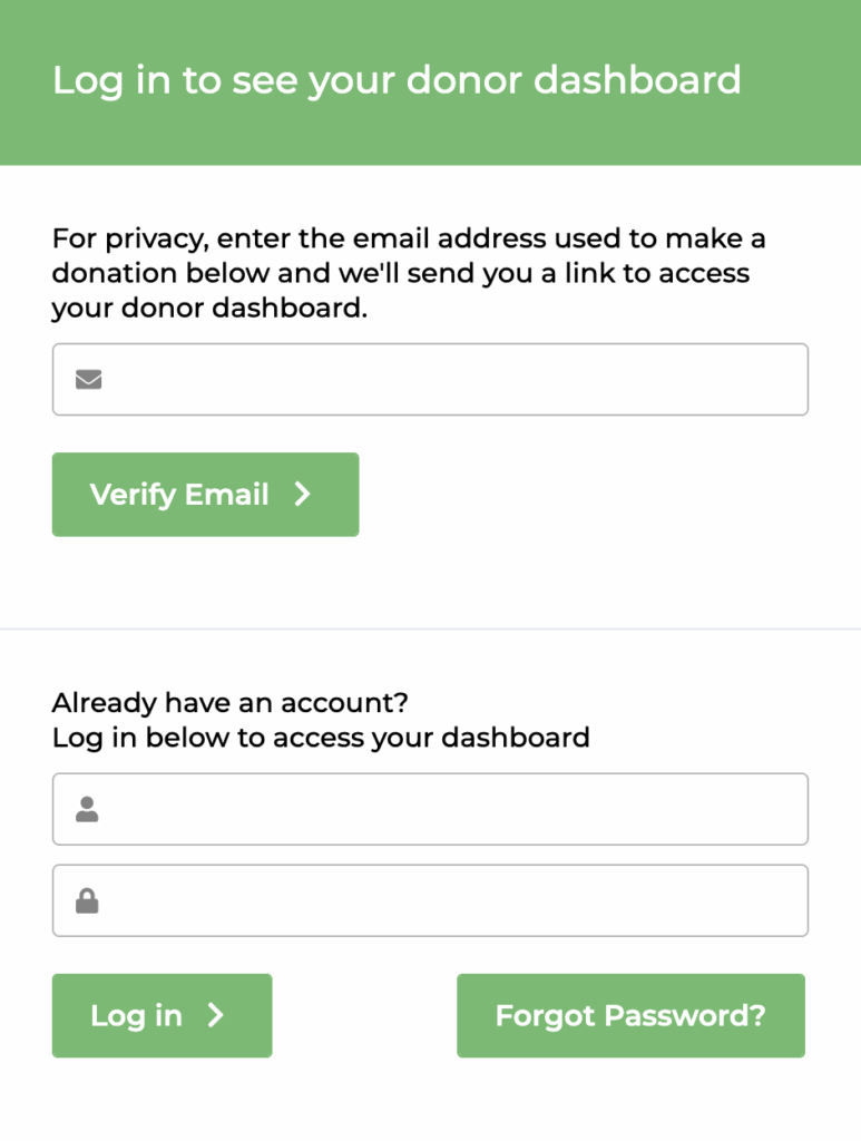 screenshot of ways to access to the donor dashboard using a email link for access, or logging in with a username and password