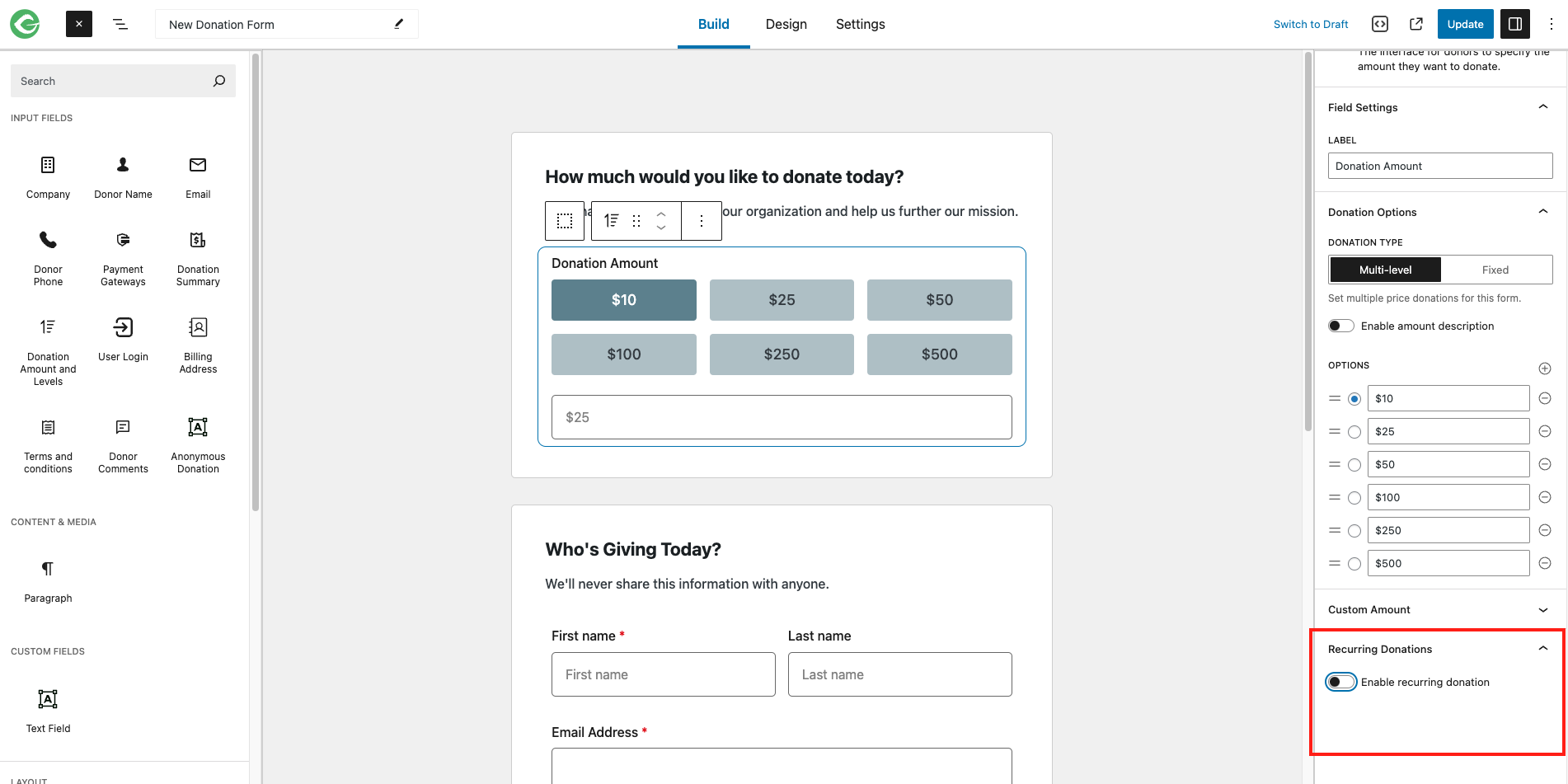 Enable recurring donations in Donation Amount block settings