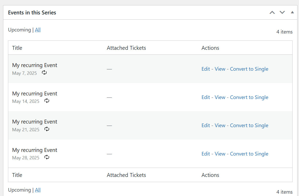 The Events in this Series section showing all instances listed with dates and an Edit link