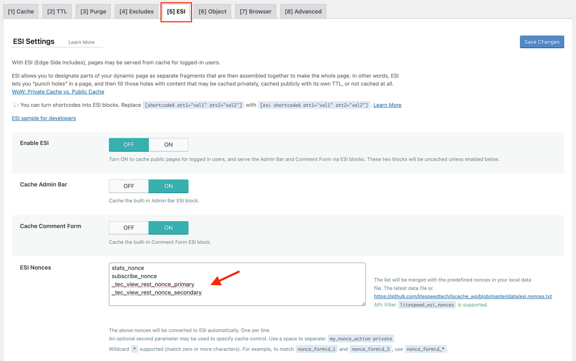 This displays an options page with a text area where you can add ESI nonces that can be excluded 