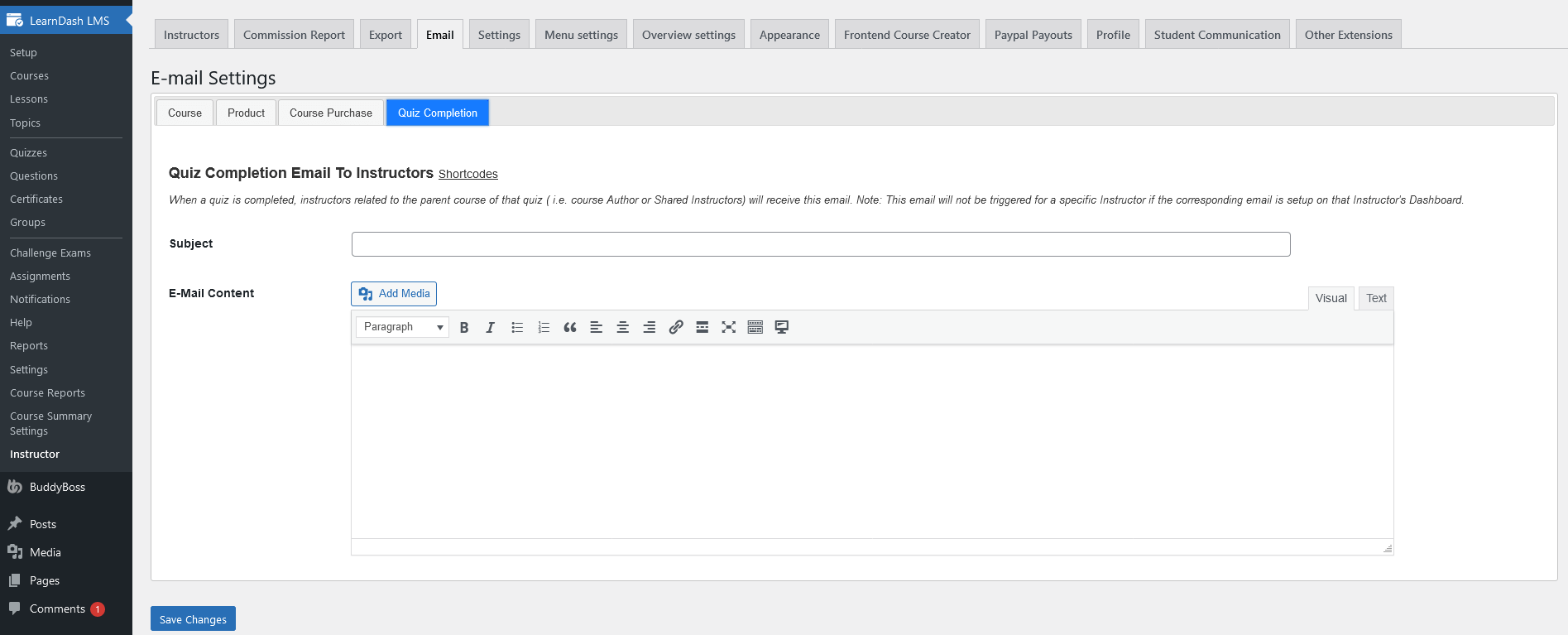 Fallback Quiz Completion Email Settings