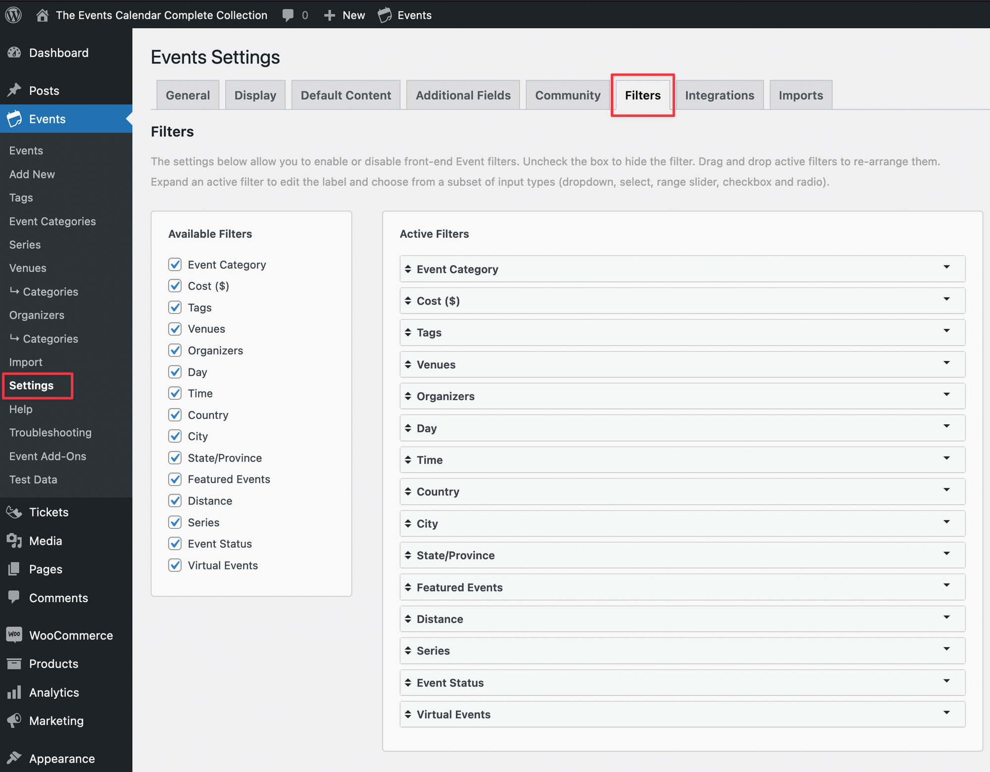 This screen indicates that the settings for Filter Bar are located under Events, Settings, and the Filters tab.