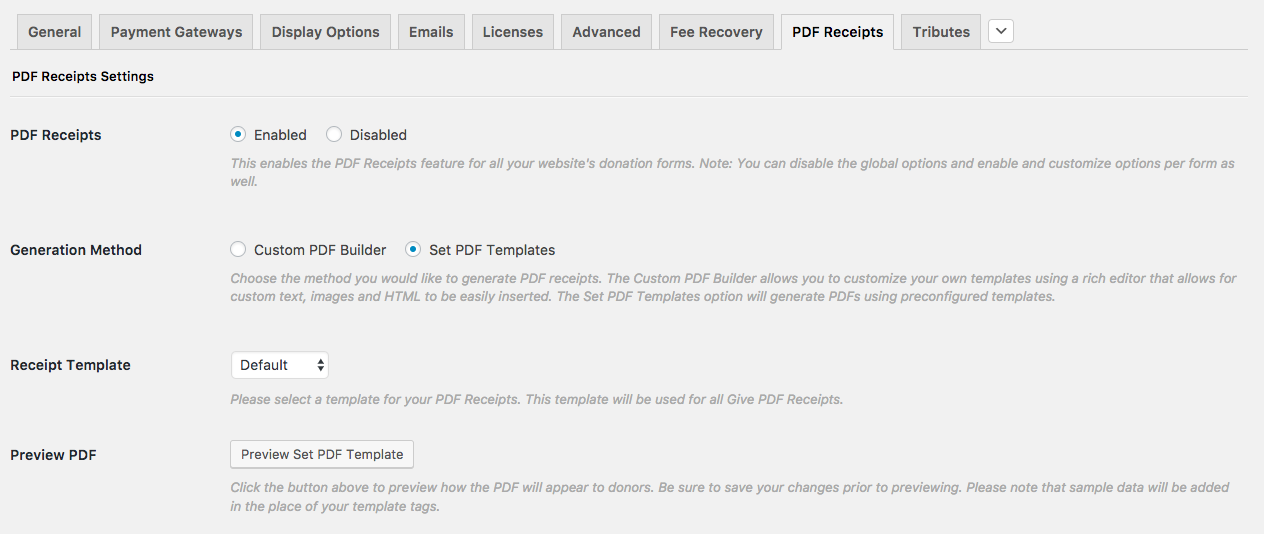 The PDF Receipts Settings Page